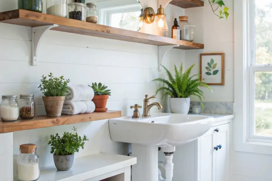 Modern Half Bath Decor Ideas | Organized Wooden Countertop Design