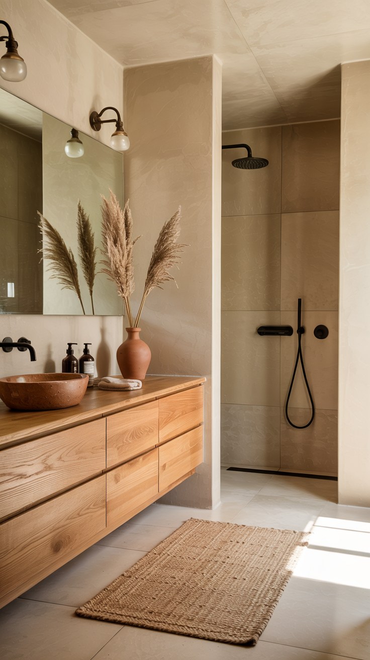 Matte Terracotta Bathroom Design with Modern Wood Vanity Ideas