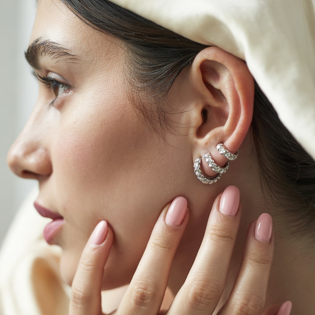 Elegant Diamond Hoop Earrings with Natural Nails Aesthetic