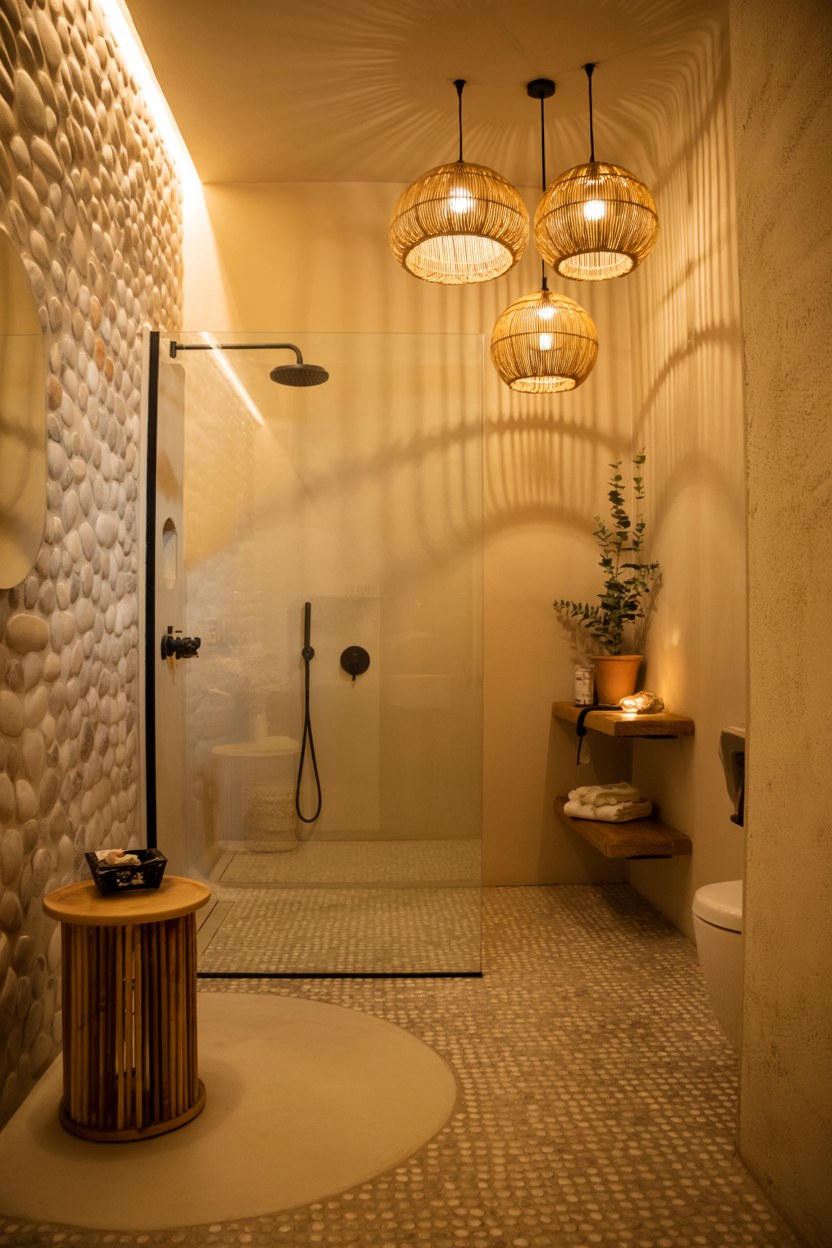 Luxury Spa Bathroom Design Ideas with Woven Pendant Lights