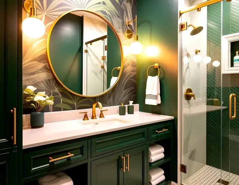 Modern Bathroom Designs: Tropical Dark Wood and Woven Wall Art