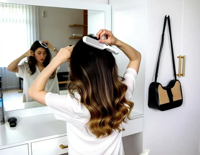 Small bathroom vanity with brass handles - cozy hair styling corner