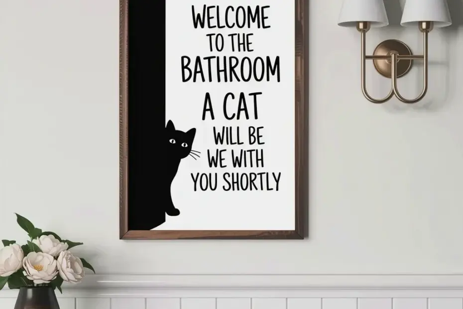 Funny cat bathroom print small spaces on a budget - digital download 'A Cat Will Be With You Shortly'. Quick DIY wall art!