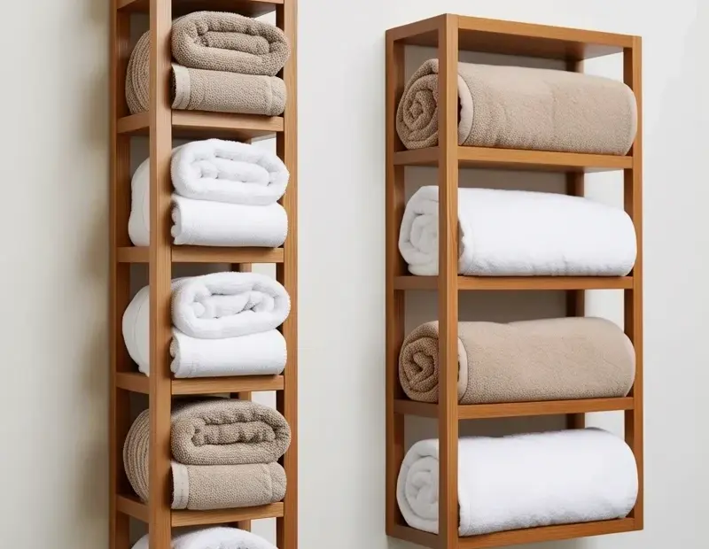 Spring bathroom organization: wall-mounted towel storage with wooden frames for a clean, minimalist look