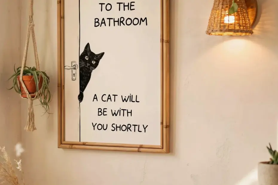 Avoid this small bathroom decor mistake: blank walls! Fix it with a funny cat print