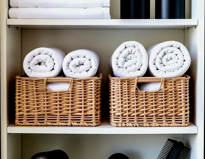 Minimalist Bathroom Shelf Organization Ideas with Towels and Hair Tools