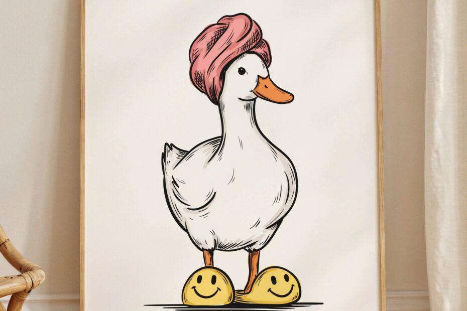 Small Bathroom Duck Print | Pink Retro Wall Art for Preppy Dorm Decor | Funny It Girl Poster
