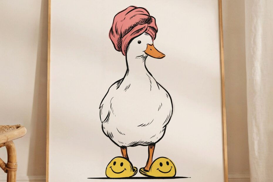 Small Bathroom Duck Print | Pink Retro Wall Art for Preppy Dorms | Digital Download