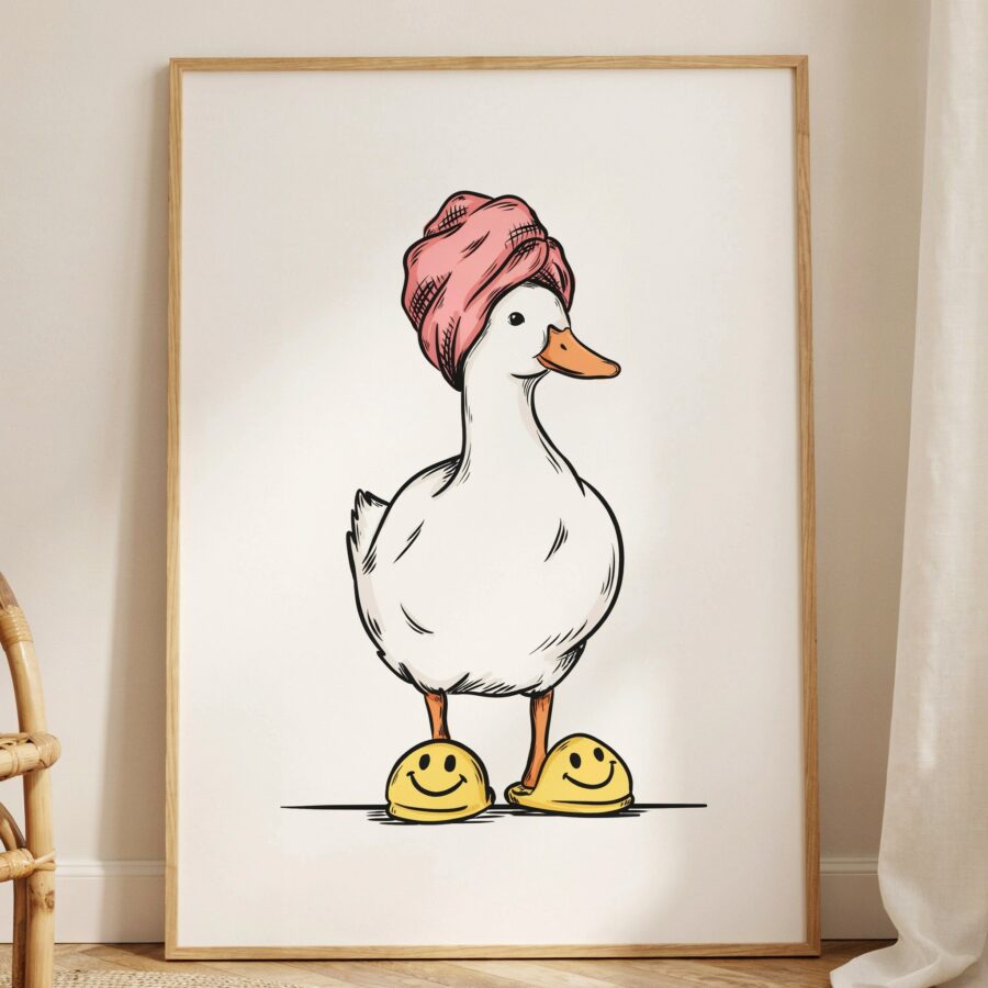Cute Duck Bathroom Print | Pink Retro Wall Art for Small Bathrooms | Preppy Dorm Decor