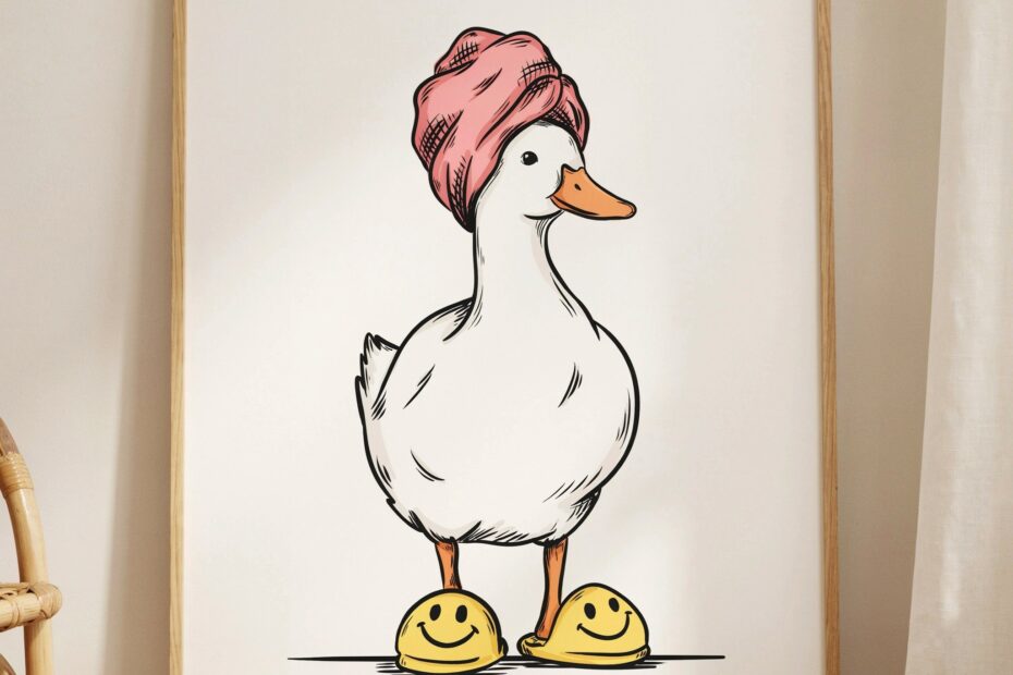 Cute Duck Bathroom Print | Pink Retro Wall Art for Small Bathrooms | Preppy Dorm Decor