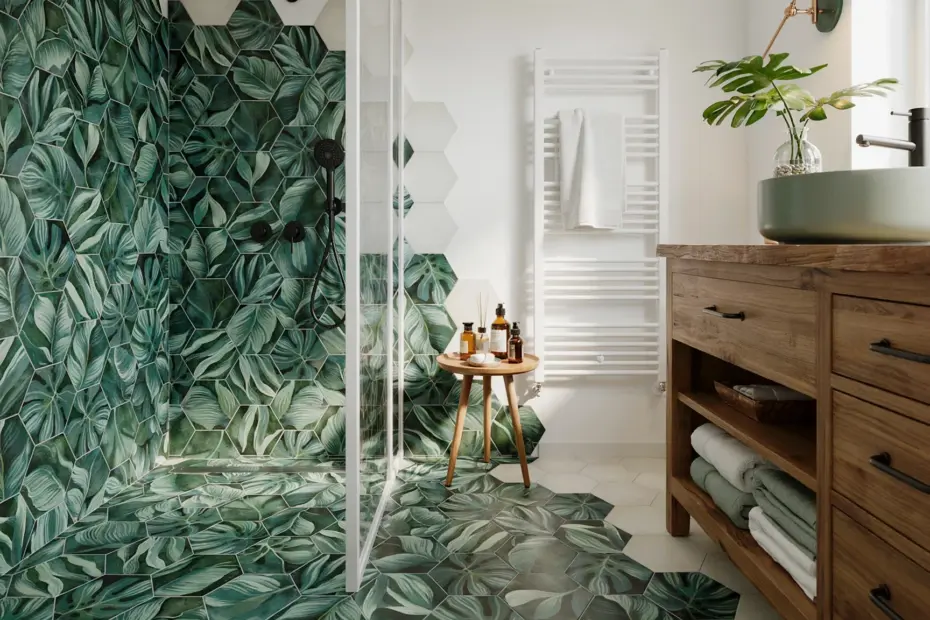Jungle Hexagon Porcelain Tile | Modern Bathroom Decor Ideas with Clarissa Hulse