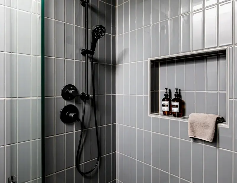 River Rock Shower Floor Ideas | Transitional Bathroom with Black Rainfall Showerhead | Modern Shower Design
