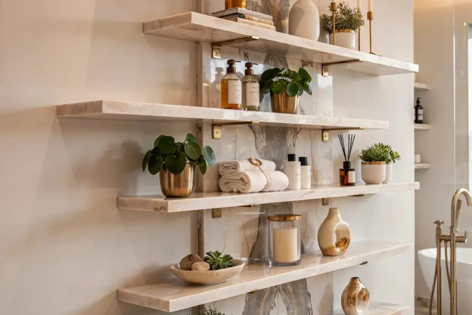 Wooden Floating Shelves Bathroom Decor | with Indoor Plants and Dark Accent Wall | Minimalist Design