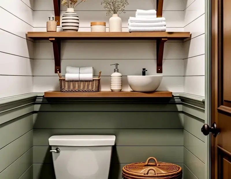Small Bathroom Decor Ideas: Farmhouse Shiplap with Sage Green Wainscoting