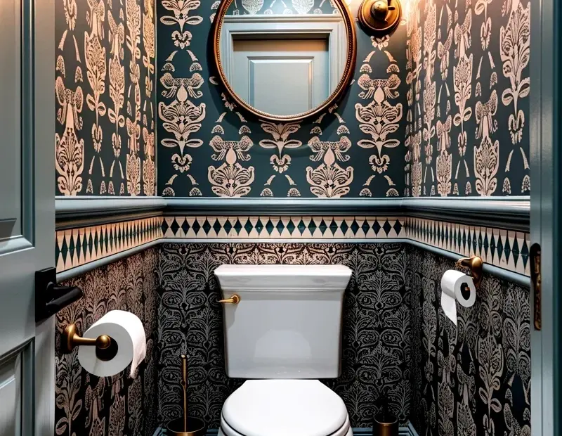 Damask Wallpaper Powder Room Ideas | Half Bath Decor with Brass Mirror