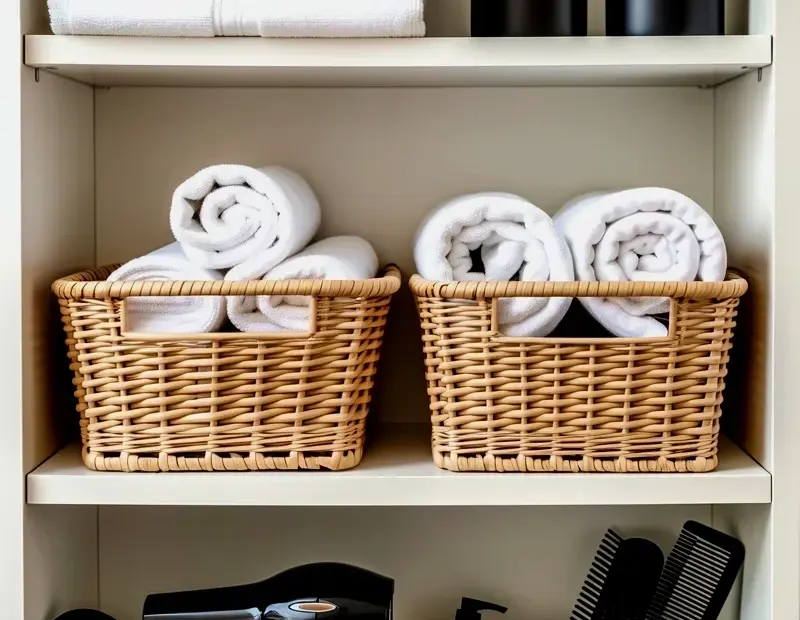 Small Bathroom Decor Ideas on a Budget - White Shelves + Baskets