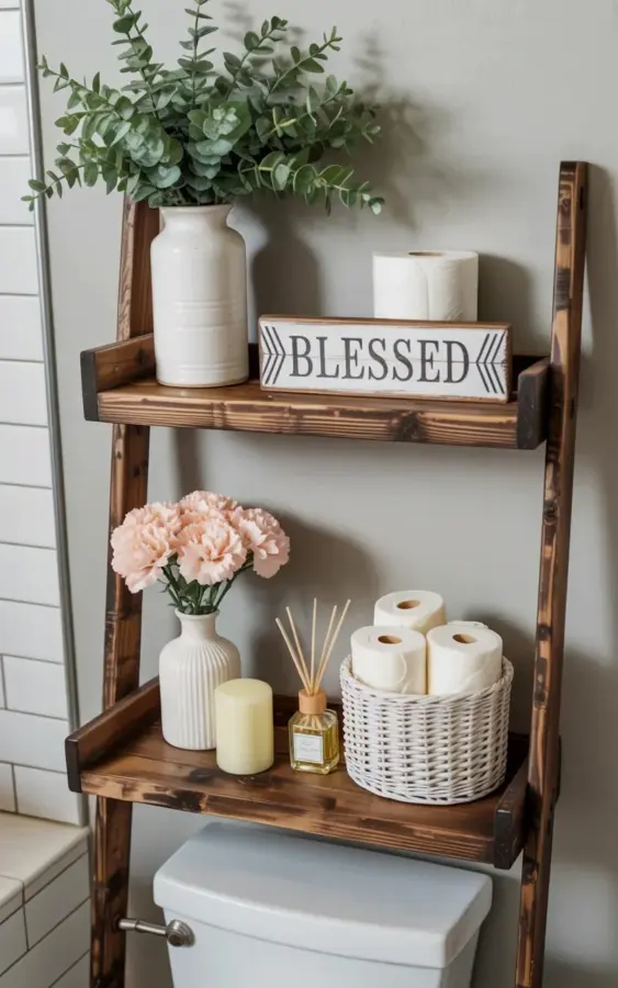 Over the Toilet Ladder Shelf | Small Bathroom Decor Ideas for Spring