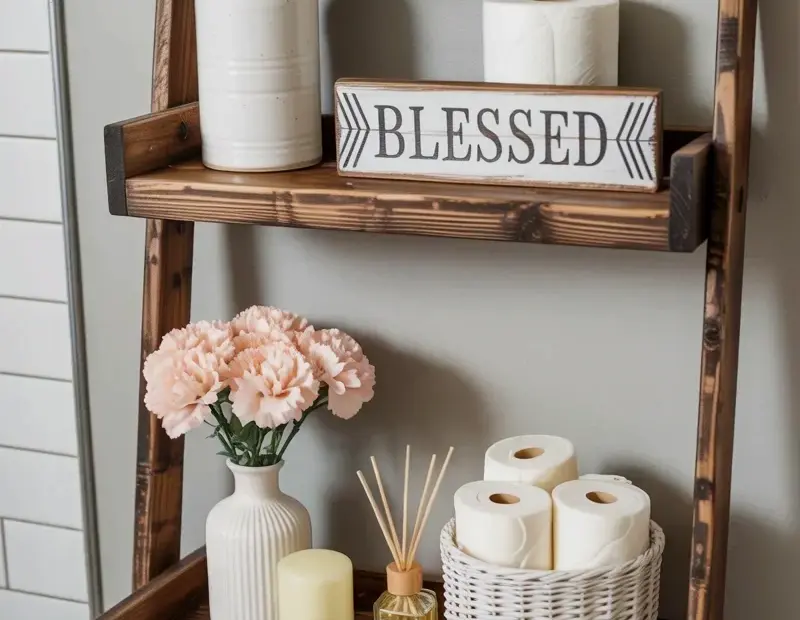 Over the Toilet Ladder Shelf | Small Bathroom Decor Ideas for Spring