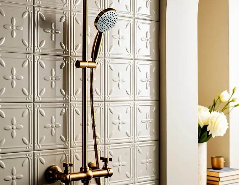 Vintage Tin Tile Bathroom with Brass Rainfall Shower | 1920s Art Deco
