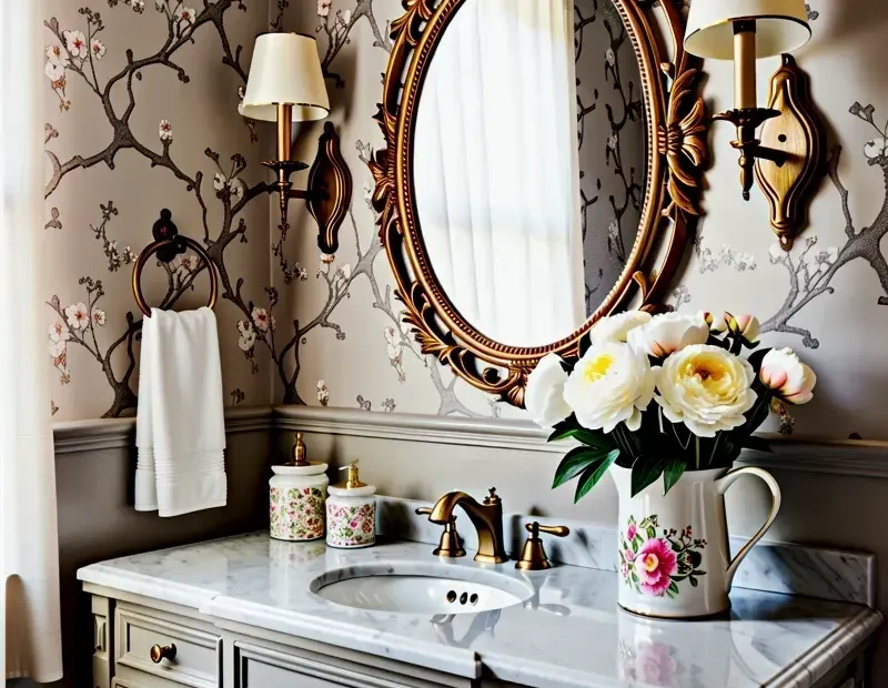 Gold Baroque Mirror Powder Room Ideas – Floral Wallpaper & Gray Vanity