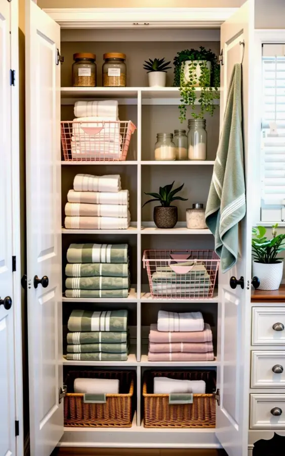 Small Bathroom Linen Closet Organization | Folded Towels, Wire Baskets & Pothos
