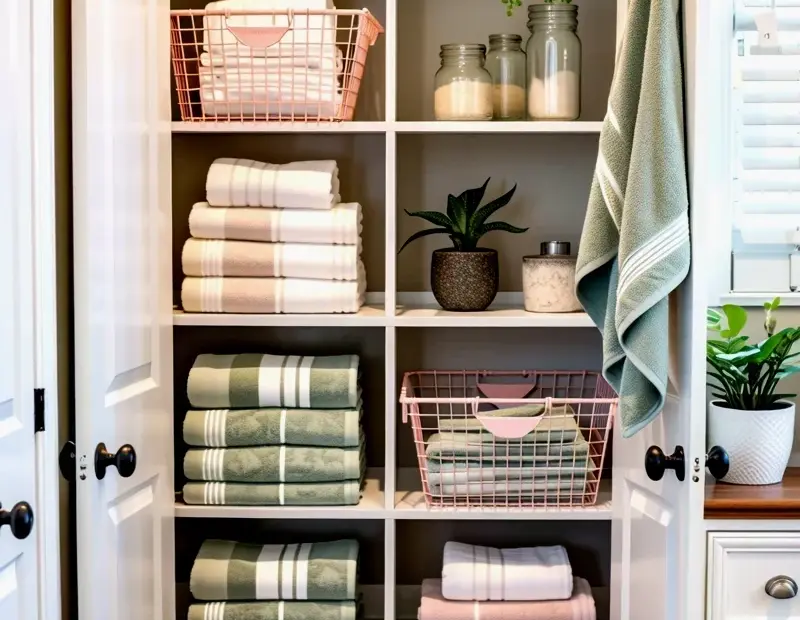 Small Bathroom Linen Closet Organization | Folded Towels, Wire Baskets & Pothos