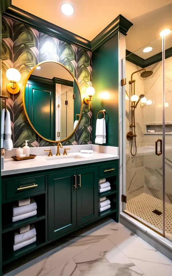 Modern Bathroom Design Mistake: Dark Green Vanity + Botanical Wallpaper | Green Bathroom Ideas