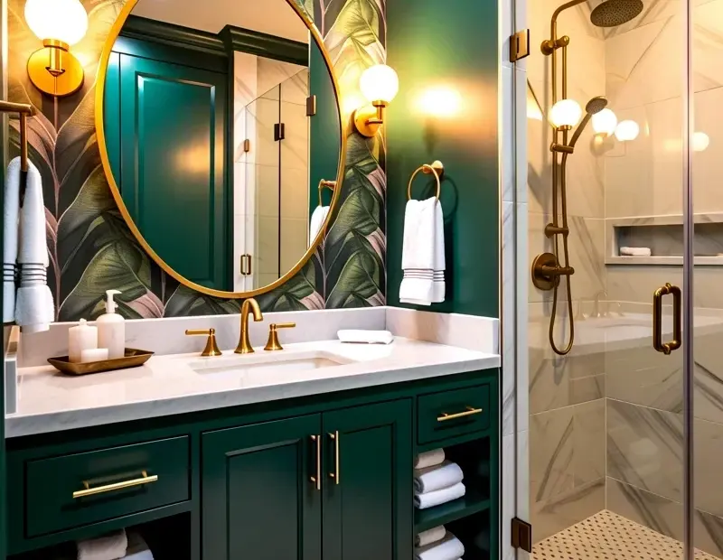 Modern Bathroom Design Mistake: Dark Green Vanity + Botanical Wallpaper | Green Bathroom Ideas