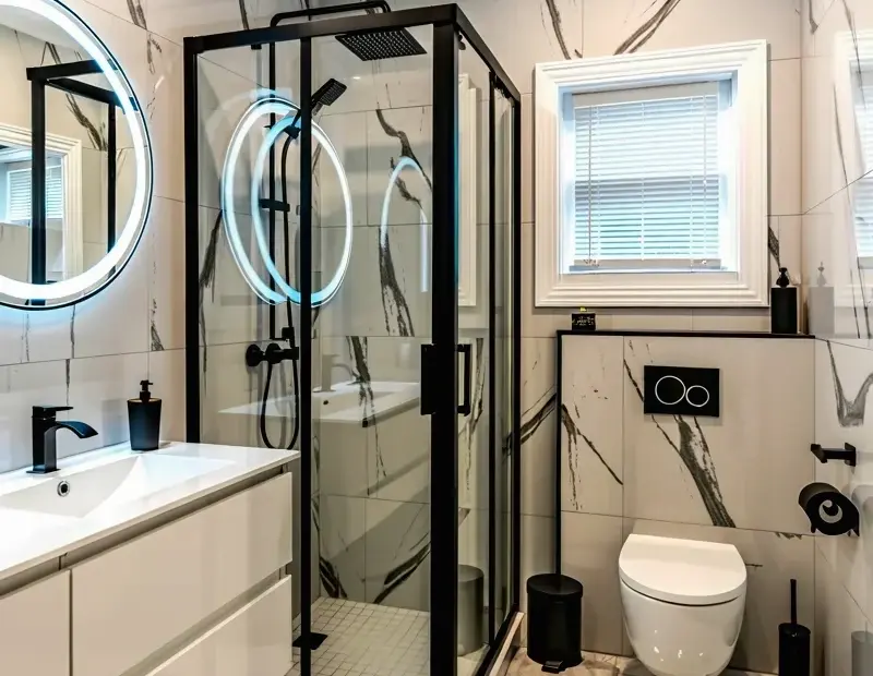 Modern Marble Bathroom Ideas – Black Framed Shower & Floating Vanity