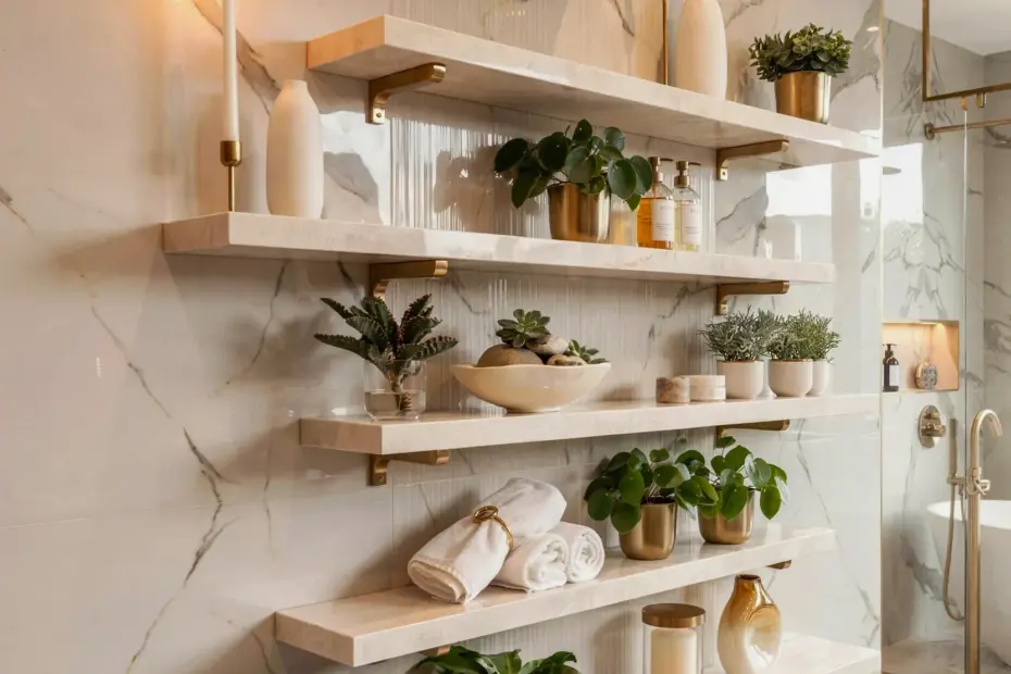 Small Bathroom Decor Ideas on a Budget with Wooden Floating Shelves