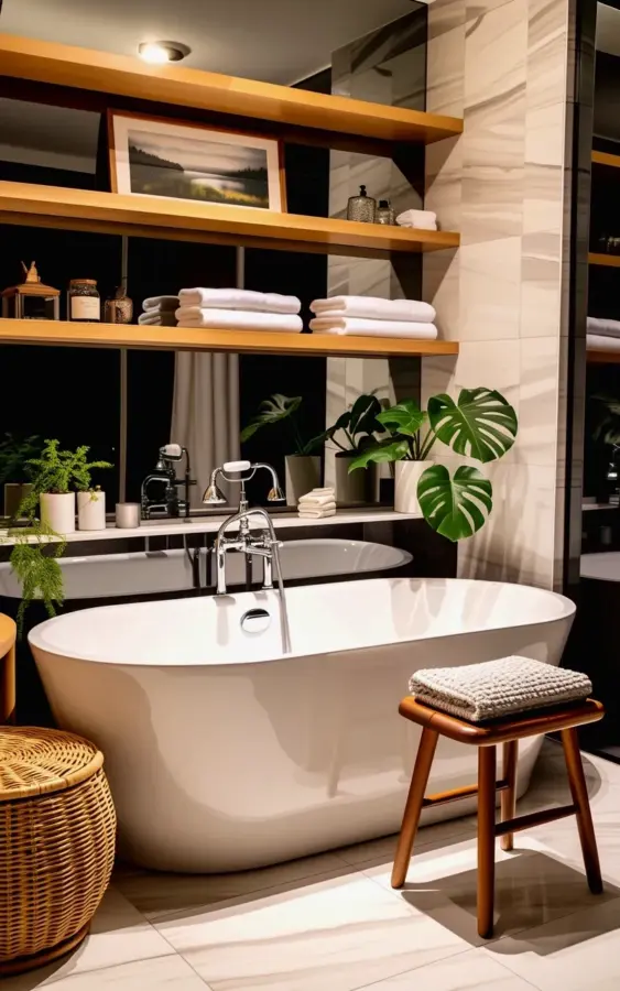Modern Bathroom with Freestanding Tub and Wood Shelves β Spring Refresh