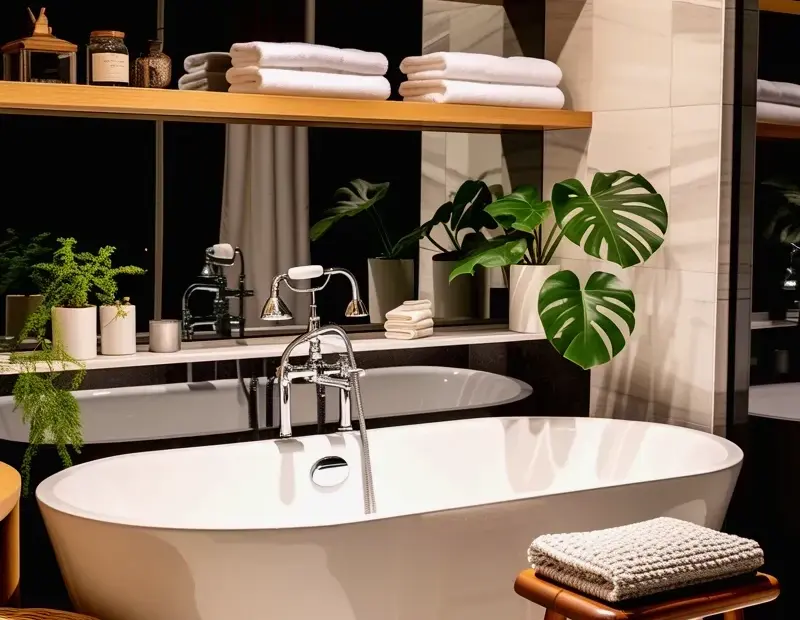 Modern Bathroom with Freestanding Tub and Wood Shelves – Spring Refresh