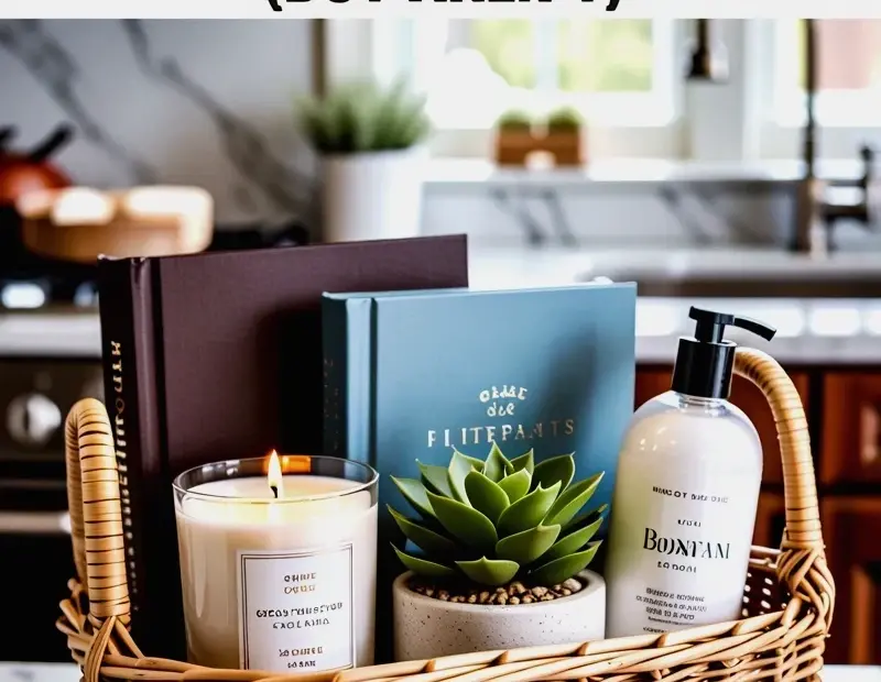 Small Gift Basket Ideas That Look Expensive | Candle + Succulent + Book in a Rattan Basket