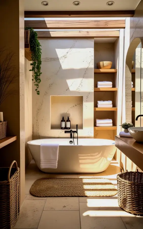 Spa Bathroom with Freestanding Tub and Rustic Wood Beams