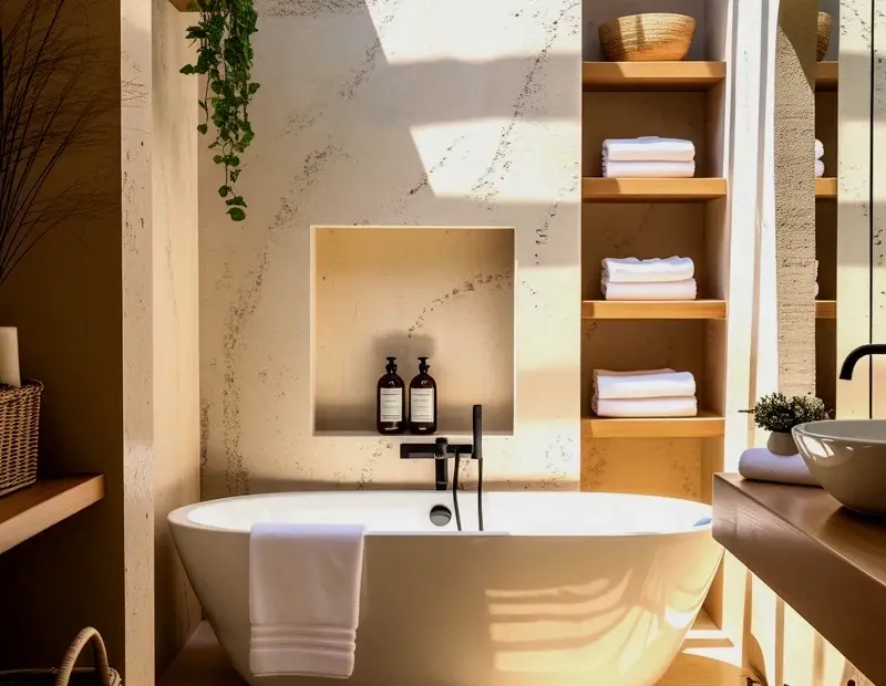 Spa Bathroom with Freestanding Tub and Rustic Wood Beams