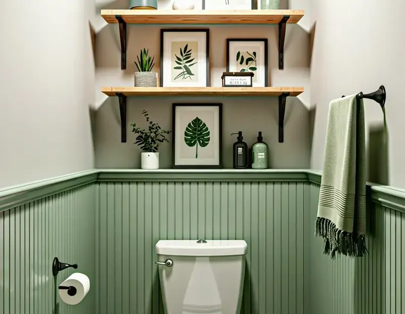 Organic Backlit Mirror for a Half Bath with Wood and Warm Glow